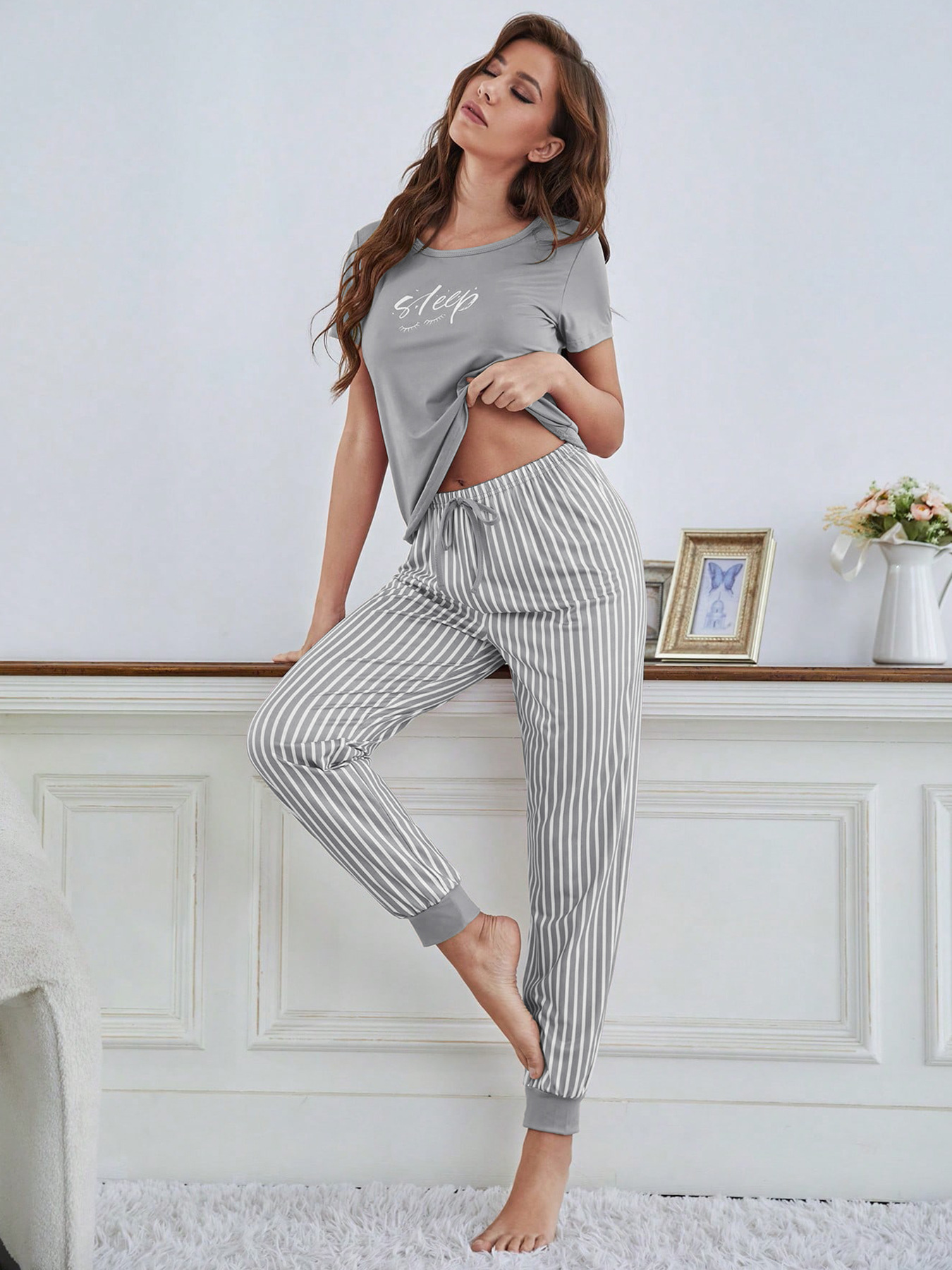 Fashion Short Sleeve Letter Print Lounge Set Women Loungewear & Sleepwear